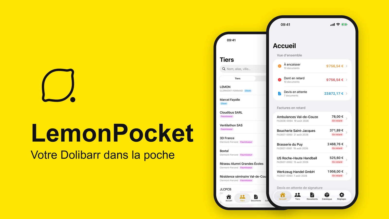 LemonPocket sur iPhone : accueil avec les montants à encaisser et liste des tiers