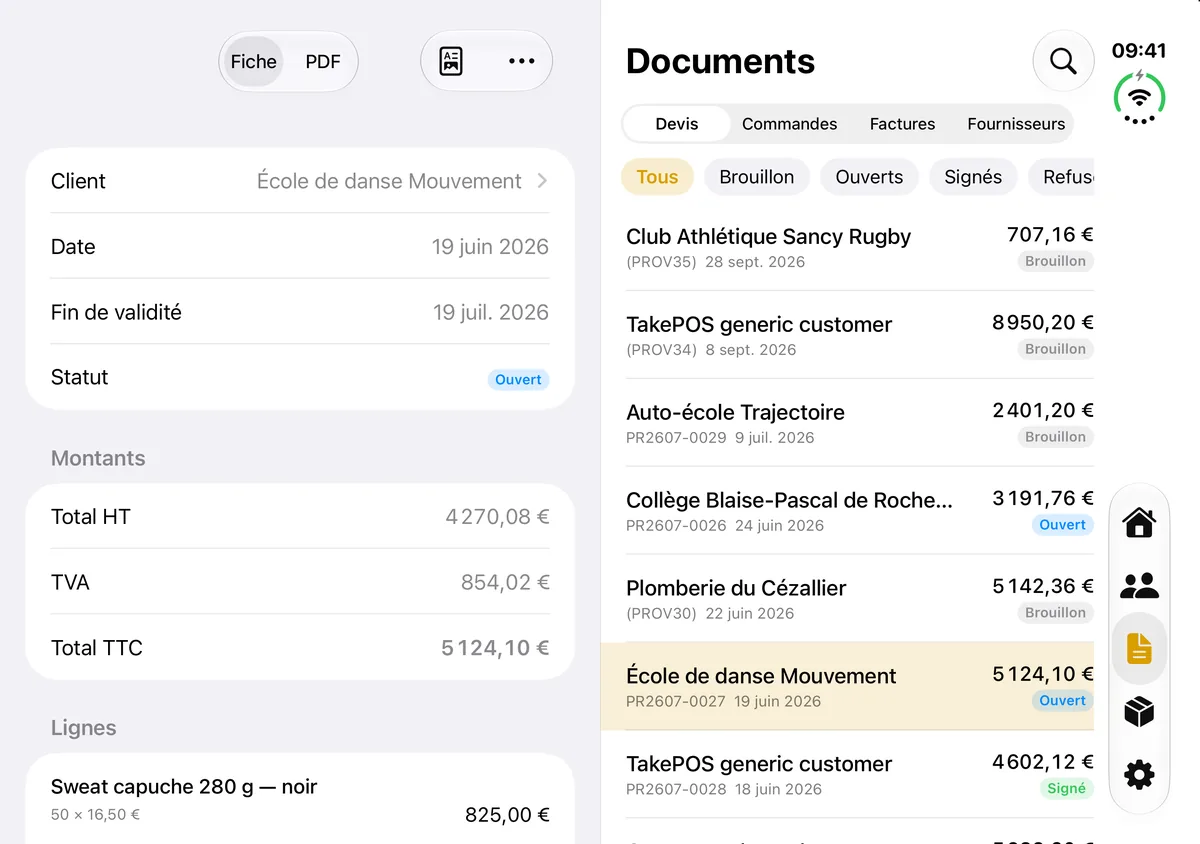 LemonPocket sur iPhone Duo déplié : un devis ouvert à gauche, la liste des devis à droite