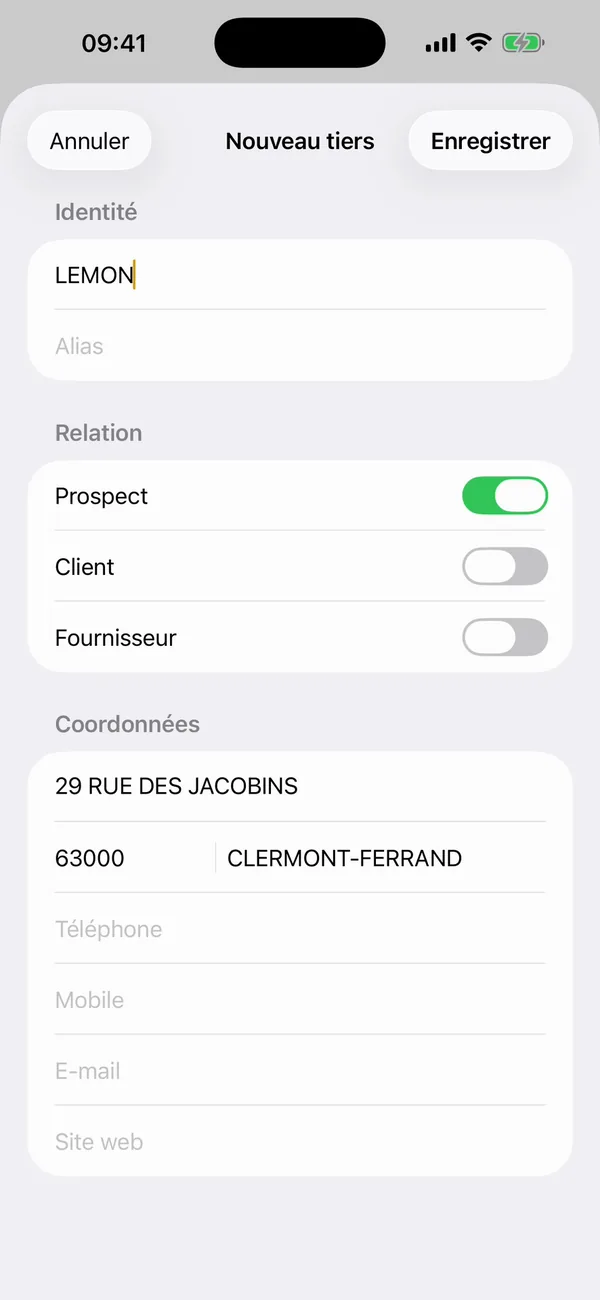 Création d'un tiers dans LemonPocket : nom, adresse et ville remplis depuis l'annuaire des entreprises