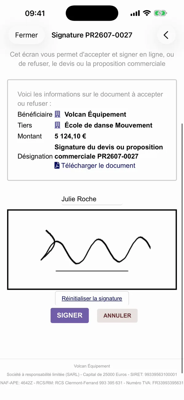 Devis signé au doigt sur le téléphone, page de signature de Dolibarr