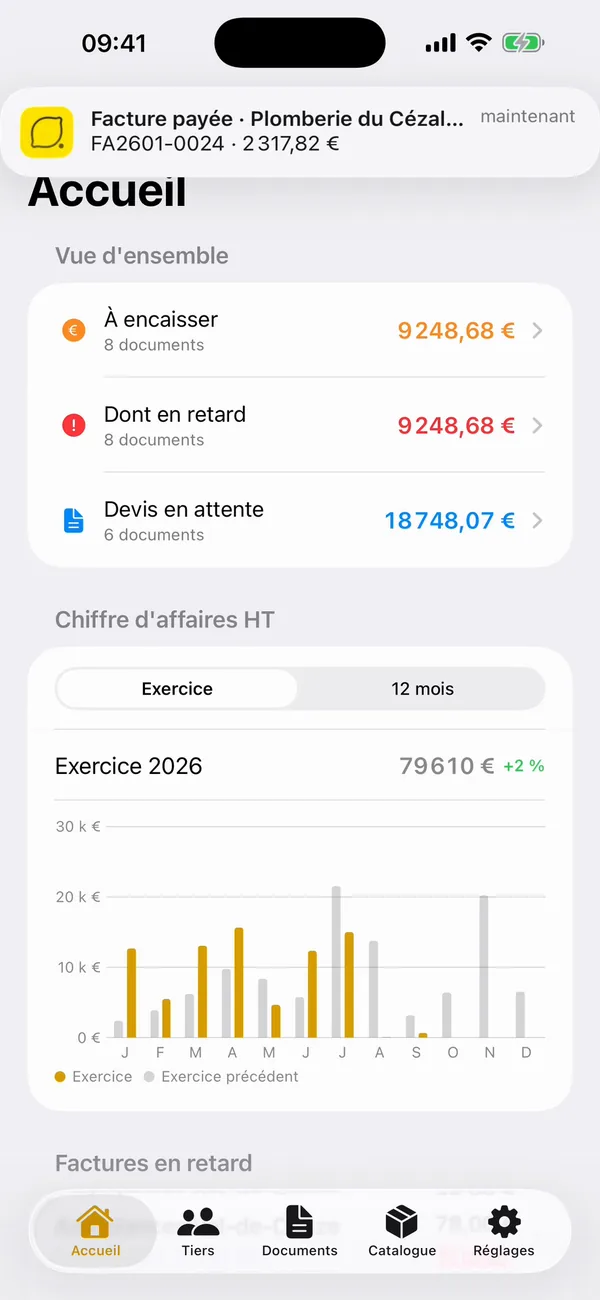 Notification « Facture payée » en haut de l'accueil de LemonPocket