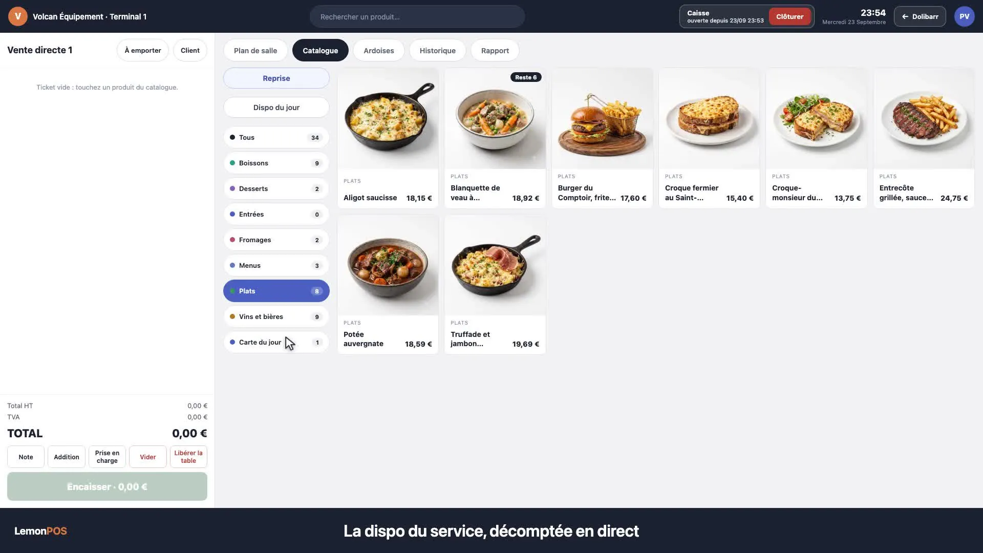 La caisse LemonPOS pendant un service : catalogue des plats avec photos et prix