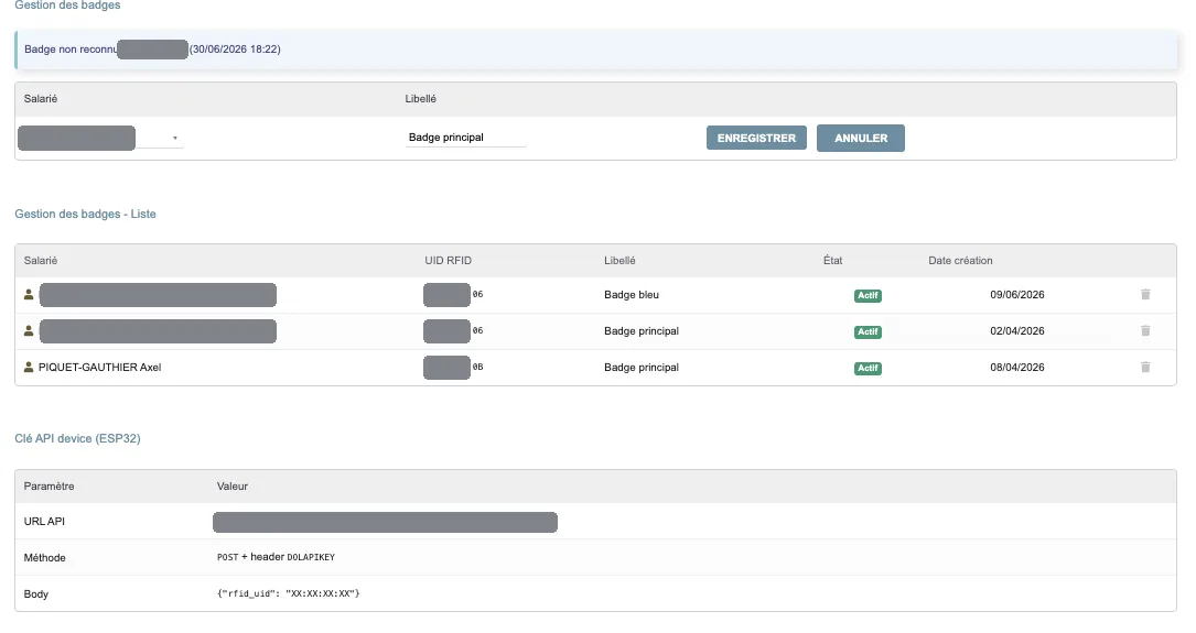 Écran d'administration du module LemonPunch dans Dolibarr : gestion des badges et clé API du device