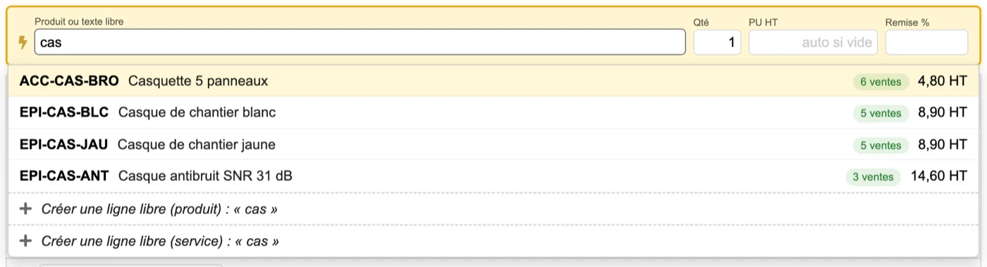 La recherche propose les produits les plus vendus, et crée une ligne libre quand le texte ne correspond à rien du catalogue.
